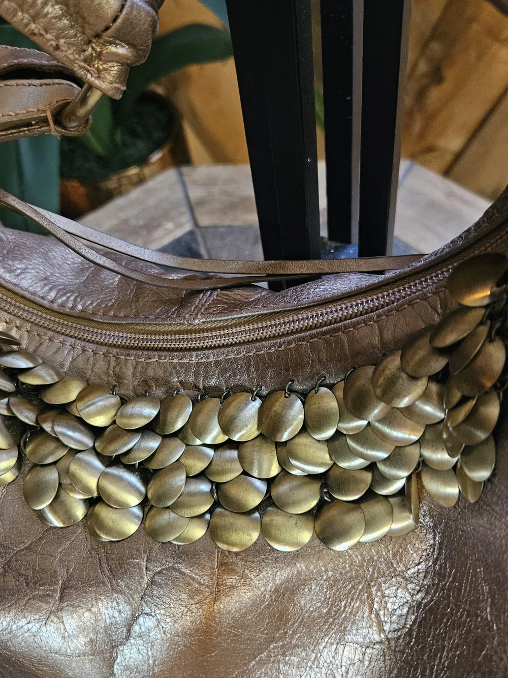 Franco Sarto Metallic Bronze Hobo Bag Coin Trim Slouchy Boho Shoulder Glam Purse